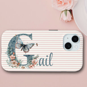 Custom Name Botanical Initial Butterfly Blue iPhone 15 Case