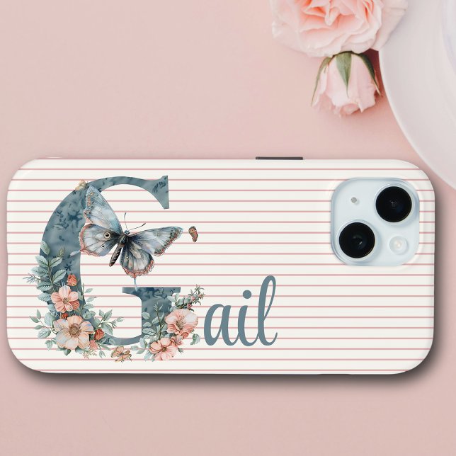Custom Name | Botanical Initial | Butterfly Blue Case-Mate iPhone Case (Creator Uploaded)
