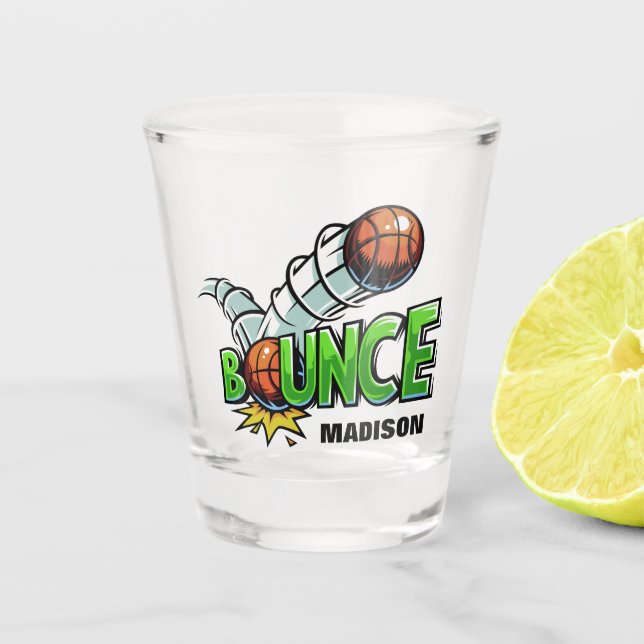 Custom name BOUNCE Basketball shot glass (Front)