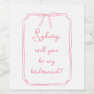 Custom Name Bow Pink Bridesmaid Proposal Wine Label
