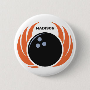 Custom Name Bowling Ball with Flame 6 Cm Round Badge