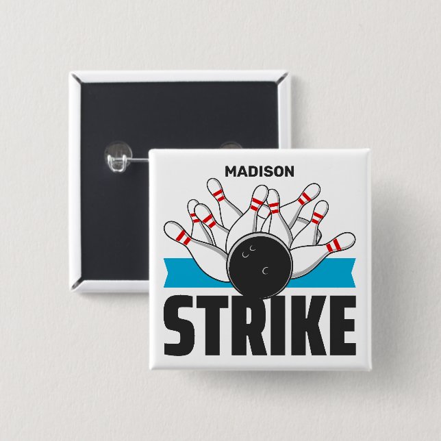 Custom Name Bowling Strike 15 Cm Square Badge (Front & Back)