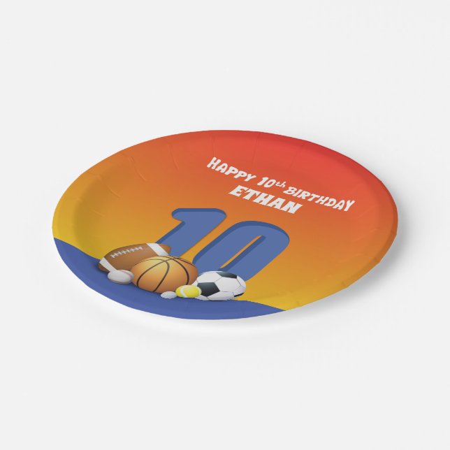 Custom Name Boy 10th Birthday Sports Balls Paper Plate (Angled)