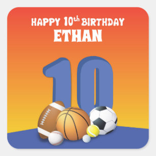 Custom Name Boy 10th Birthday Sports Balls Square Sticker