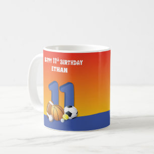 Custom Name Boy 11th Birthday Sports Balls Coffee Mug