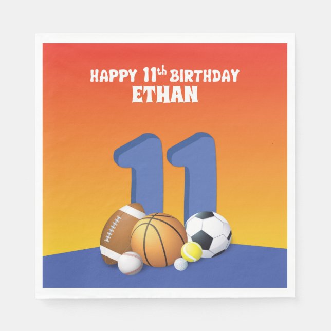 Custom Name Boy 11th Birthday Sports Balls Napkin (Front)