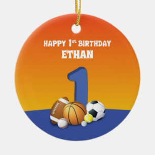Custom Name Boy 1st Birthday Sports Balls Ceramic Tree Decoration