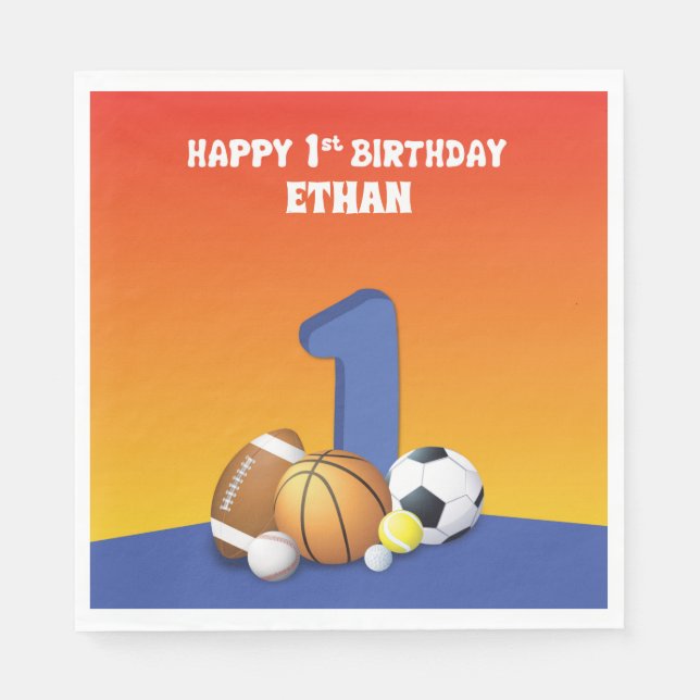 Custom Name Boy 1st Birthday Sports Balls Napkin (Front)