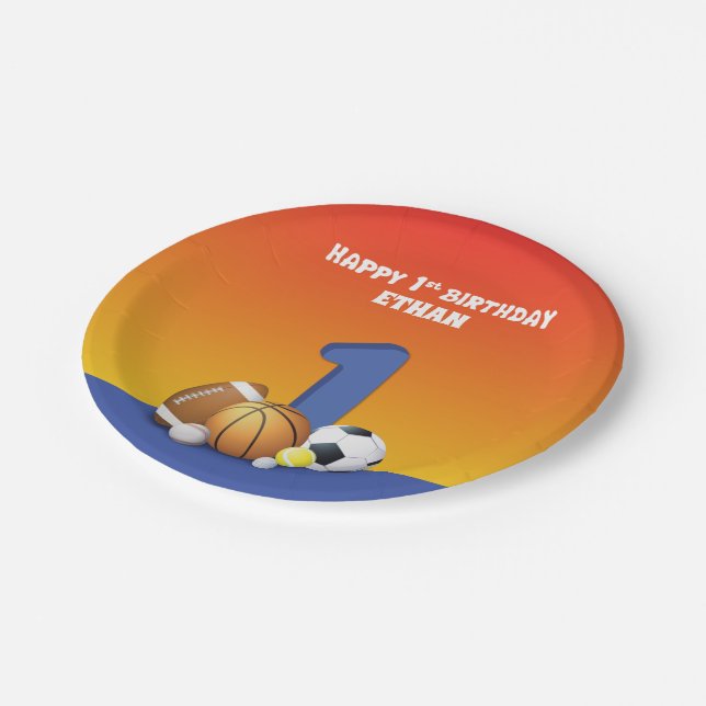 Custom Name Boy 1st Birthday Sports Balls Paper Plate (Angled)