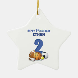 Custom Name Boy 2nd Birthday Sports Balls Ceramic Tree Decoration