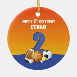 Custom Name Boy 2nd Birthday Sports Balls Ceramic Tree Decoration