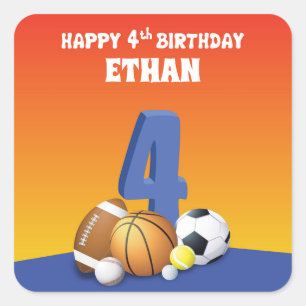 Custom Name Boy 4th Birthday Sports Balls Square Sticker