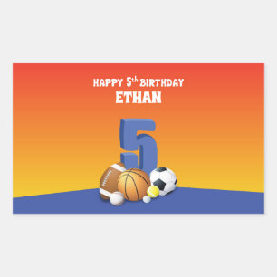 Custom Name Boy 5th Birthday Sports Balls Rectangular Sticker