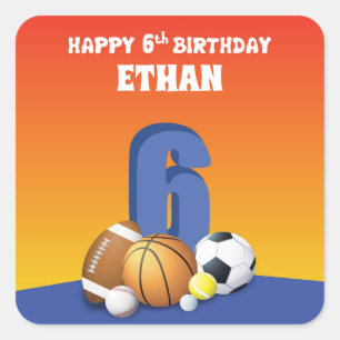 Custom Name Boy 6th Birthday Sports Balls Square Sticker
