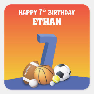 Custom Name Boy 7th Birthday Sports Balls Square Sticker