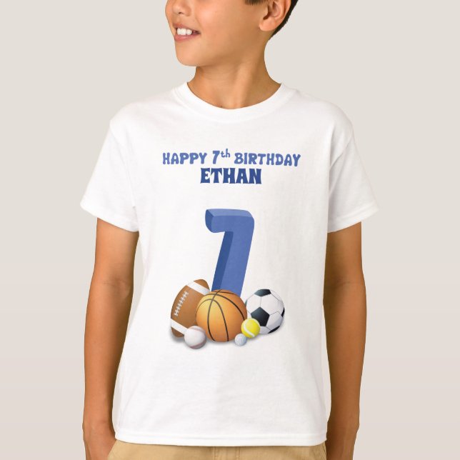 Custom Name Boy 7th Birthday Sports Balls T-Shirt (Front)
