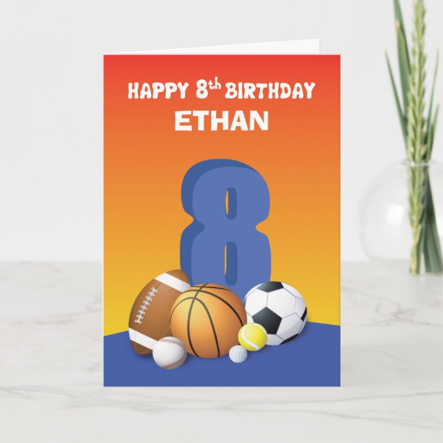 Custom Name Boy 8th Birthday Sports Balls Card (Front)