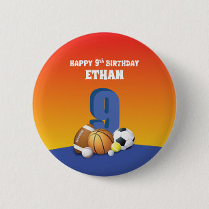 Custom Name Boy 9th Birthday Sports Balls 6 Cm Round Badge