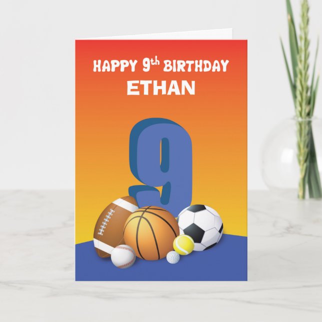 Custom Name Boy 9th Birthday Sports Balls Card (Front)