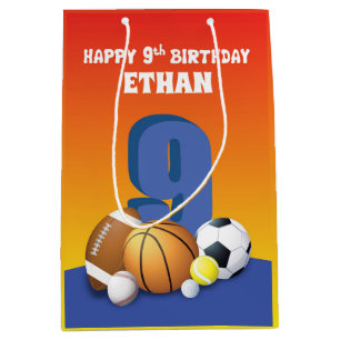 Custom Name Boy 9th Birthday Sports Balls Medium Gift Bag