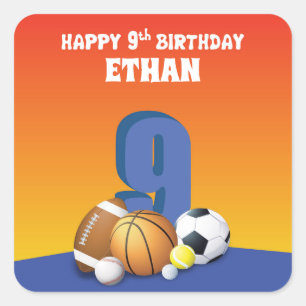 Custom Name Boy 9th Birthday Sports Balls Square Sticker