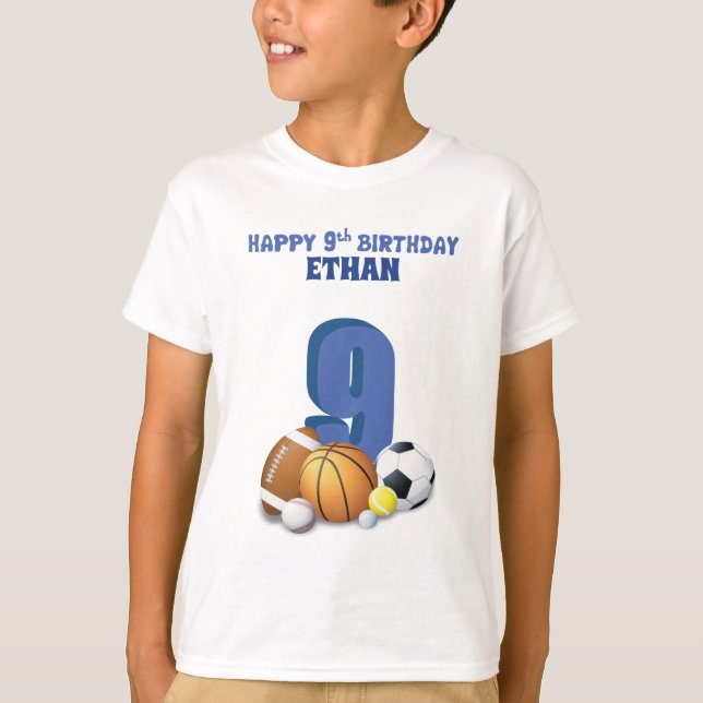 Custom Name Boy 9th Birthday Sports Balls T-Shirt (Front)