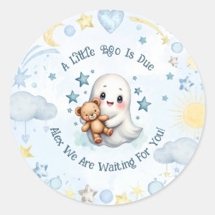 Custom Name Boy Baby Shower Cute Ghost Boo is Due Classic Round Sticker