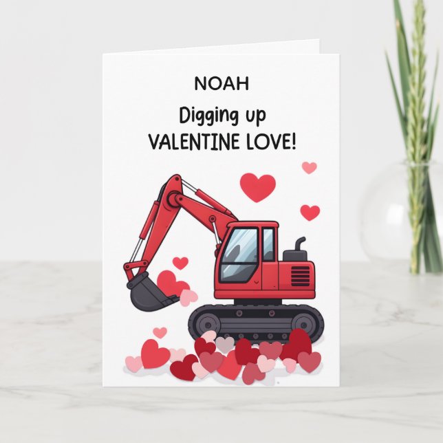 Custom Name Boy Valentine Construction Truck Holiday Card (Front)