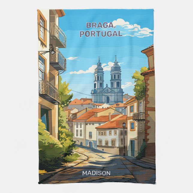 Custom Name Braga Portugal Tea Towel (Vertical)