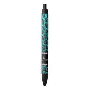 Custom name bright aqua glitter leopard print black ink pen