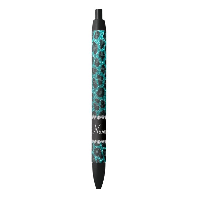 Custom name bright aqua glitter leopard print black ink pen (Front Vertical)
