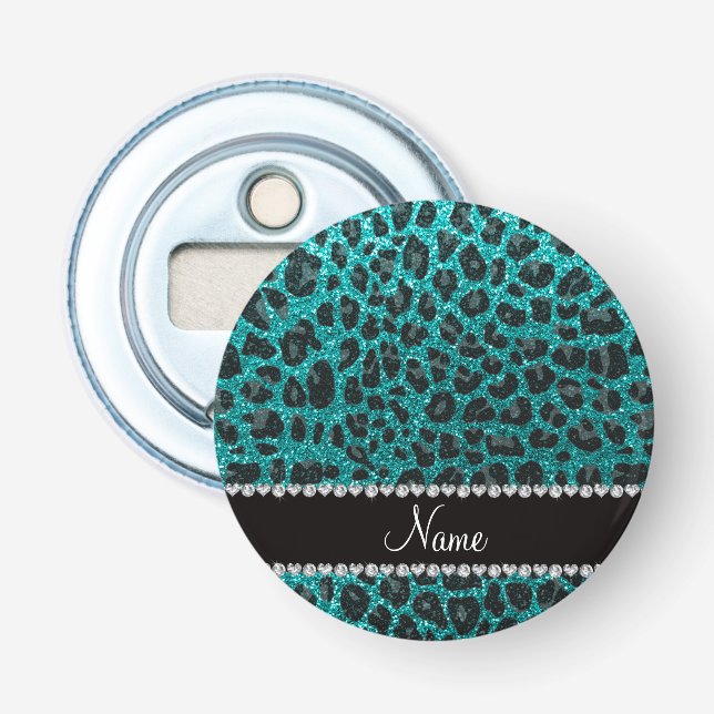 Custom name bright aqua glitter leopard print bottle opener (Front)