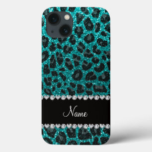 Custom name bright aqua glitter leopard print iPhone 13 case