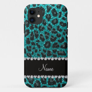Custom name bright aqua glitter leopard print iPhone 11 case