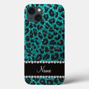 Custom name bright aqua glitter leopard print iPhone 13 case