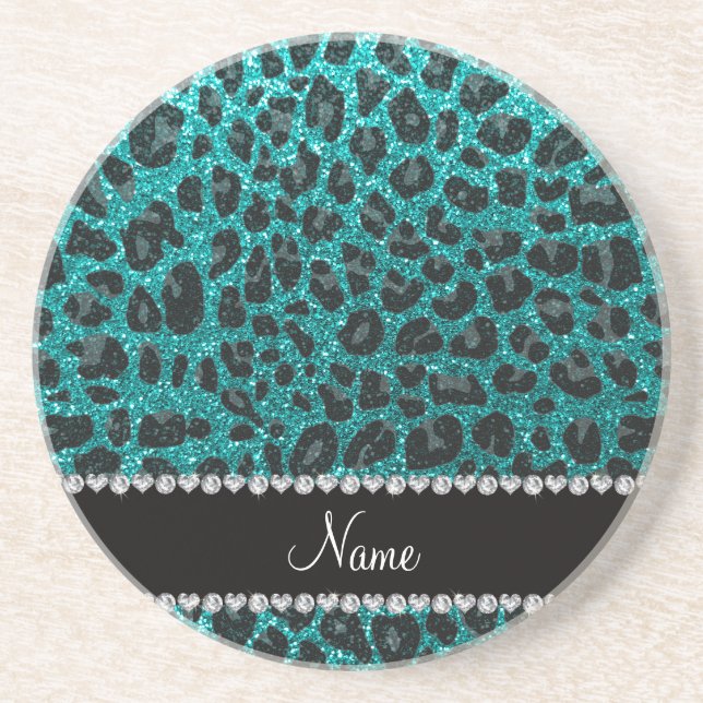 Custom name bright aqua glitter leopard print coaster (Front)