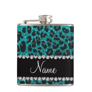 Custom name bright aqua glitter leopard print hip flask