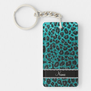 Custom name bright aqua glitter leopard print key ring