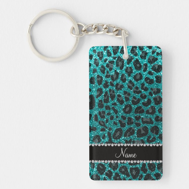 Custom name bright aqua glitter leopard print key ring (Front)