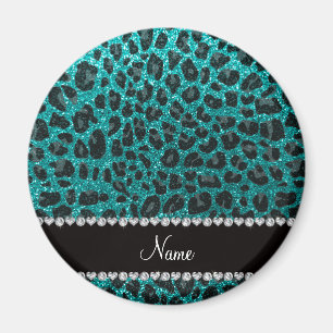 Custom name bright aqua glitter leopard print magnet
