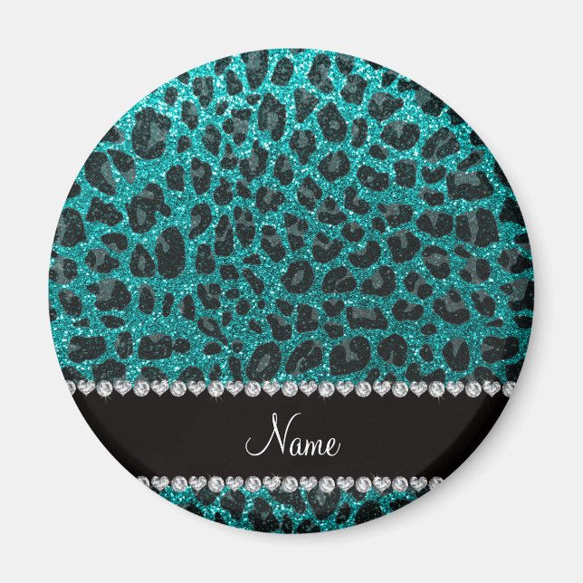 Custom name bright aqua glitter leopard print magnet (Front)