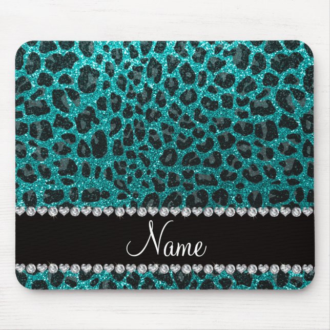 Custom name bright aqua glitter leopard print mouse mat (Front)