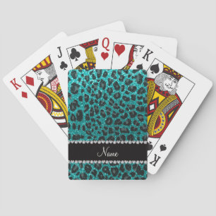 Custom name bright aqua glitter leopard print playing cards