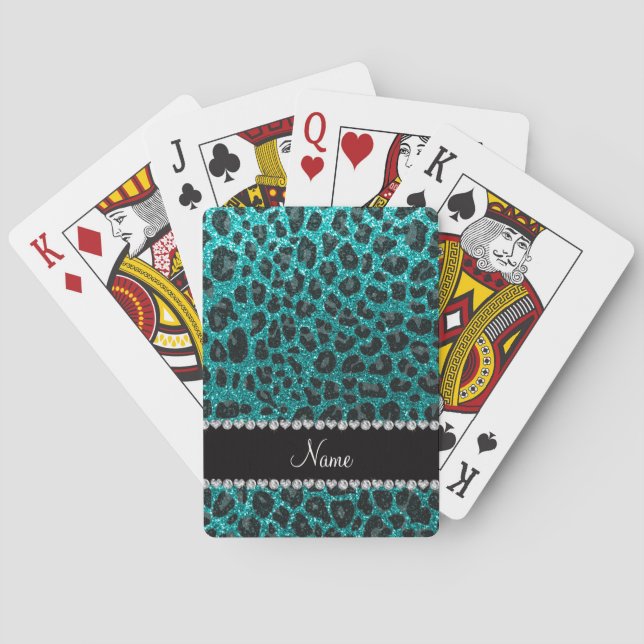 Custom name bright aqua glitter leopard print playing cards (Back)