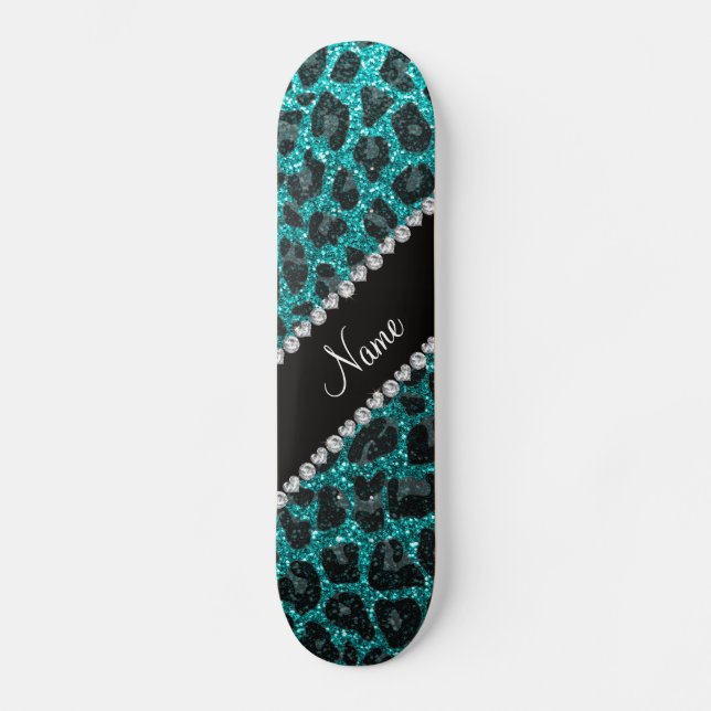 Custom name bright aqua glitter leopard print skateboard (Front)
