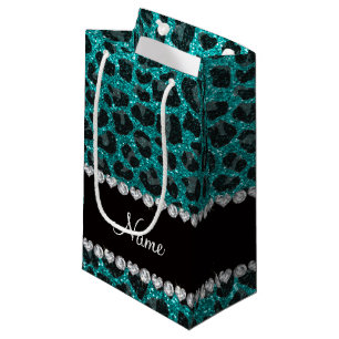 Custom name bright aqua glitter leopard print small gift bag