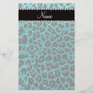 Custom name bright aqua glitter leopard print stationery
