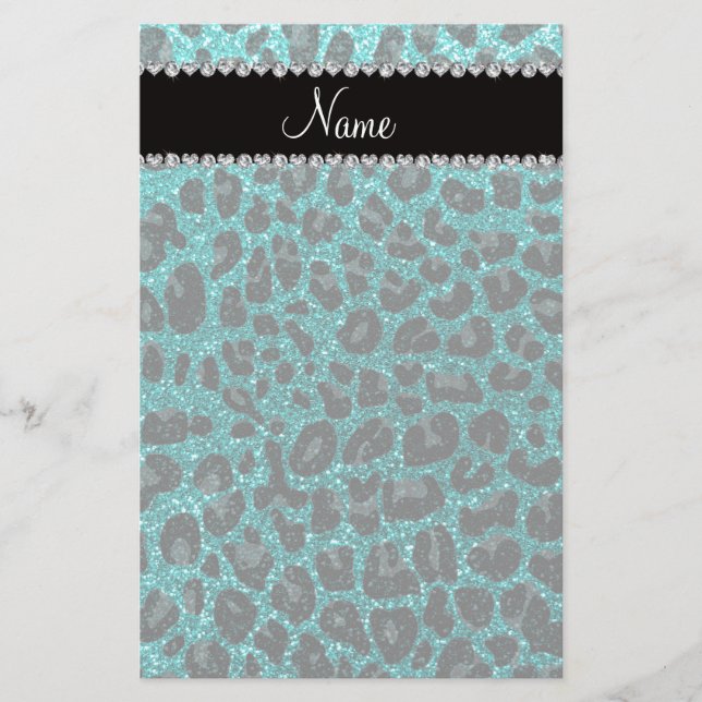 Custom name bright aqua glitter leopard print stationery (Front)