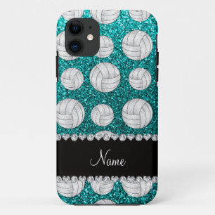 Custom name bright aqua glitter volleyballs iPhone 11 case