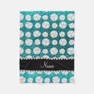 Custom name bright aqua glitter volleyballs fleece blanket